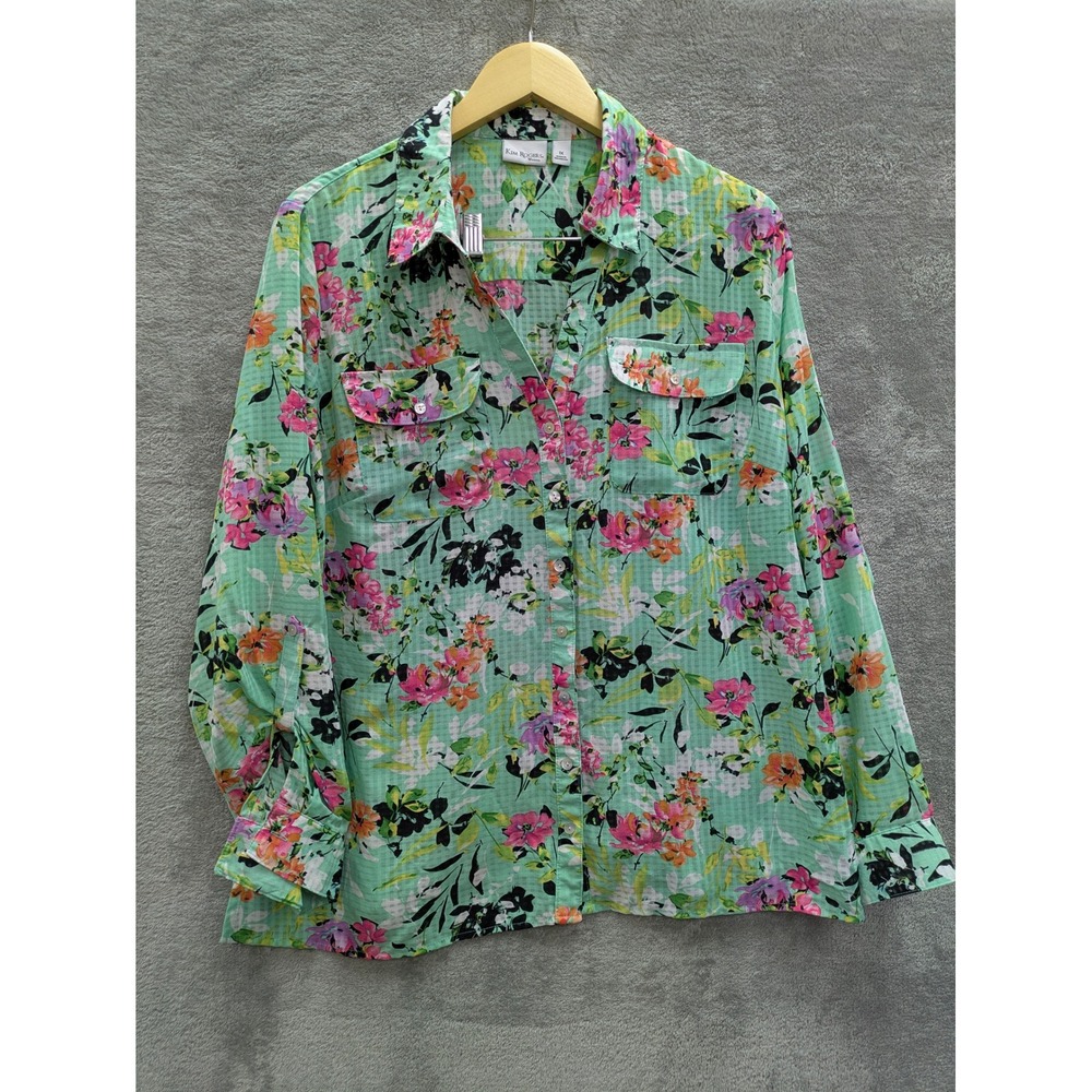 Boho Floral Button Up Shirt Womens 1X Green Gingham Textured Long Sleeve Blouse